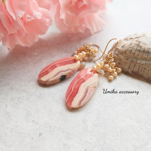 インカーローズ&ふさふさ淡水パール春色ピアス14kgf～一点物 ピアス