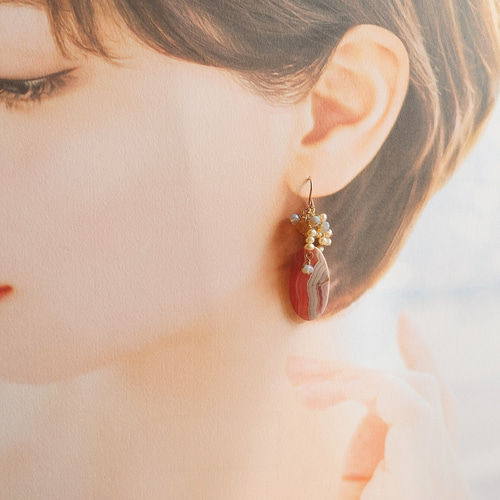 インカーローズ&ふさふさ淡水パール春色ピアス14kgf～一点物 ピアス