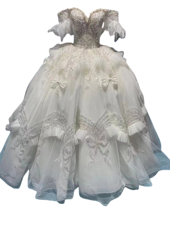 韓国風ビジューウエディングドレス　キラキラ　オフホワイト グリッターチュール オフショルダー袖　ロングトレーン　 2枚目の画像