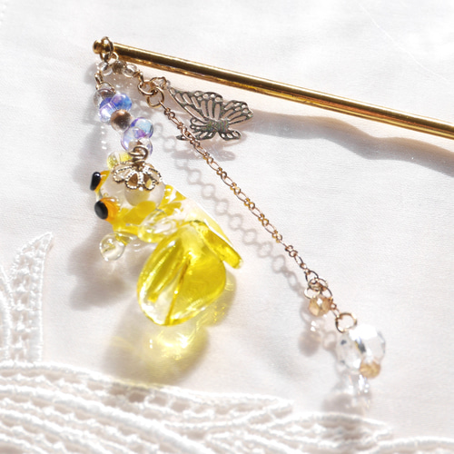 ガラスの金魚〈あめきんぎょ〉かんざし＊菜の花色 [ガラス細工