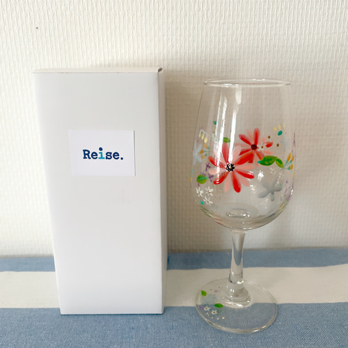 ワイングラス 花柄 手描き 絵付け 赤い花 ワイングラス Reise_handmade
