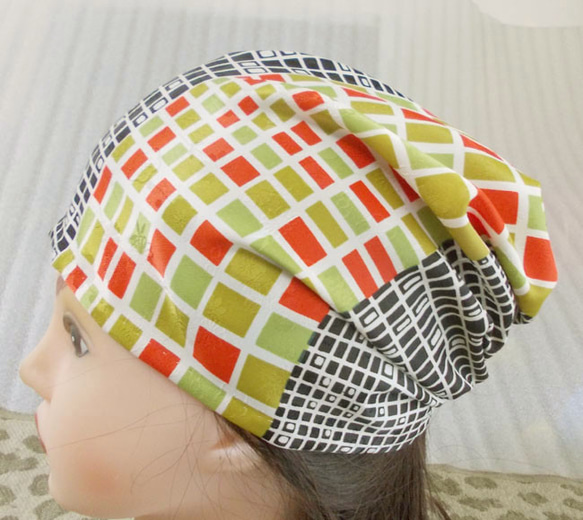 うぁふわり セミオーダー生地紹介5 難有難隠し キャップ 室内帽子 着物リメイク 難有難隠し 帽子 27*48㌢ 個性的な 格子意匠 キャップ 室内帽子 化繊