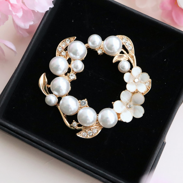 [発送2日内]桜とビジューリーフ　ブローチ[ホワイト/ピンク] 2枚目の画像