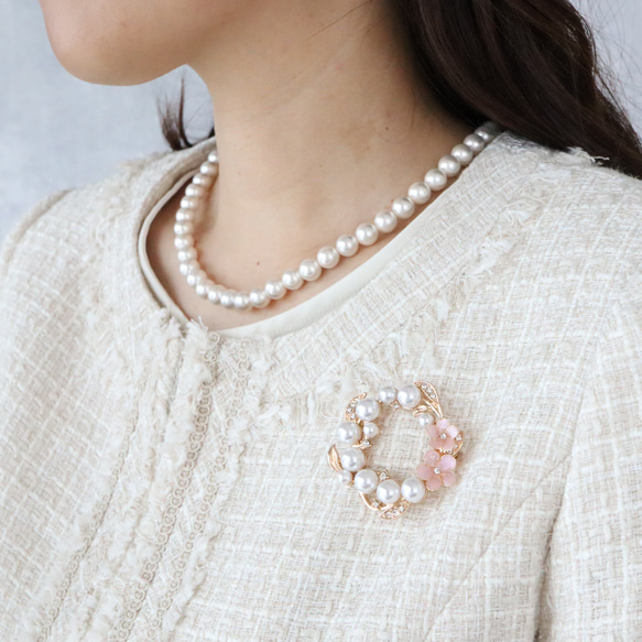 [発送2日内]桜とビジューリーフ　ブローチ[ホワイト/ピンク] 4枚目の画像