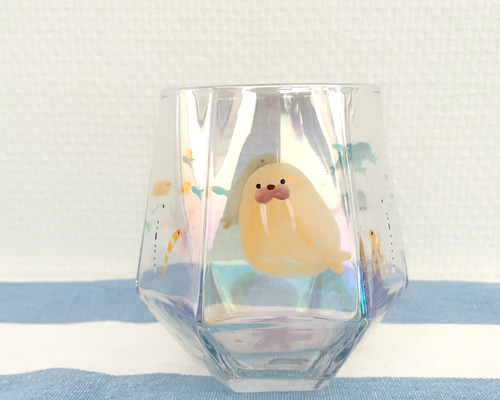 受注制作】手描き 六角グラス 水族館 海のなかま 絵付け セイウチ