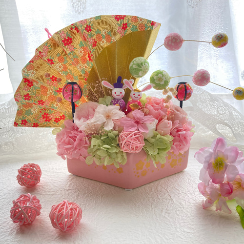本物の桜 プリザーブドフラワー菱形ポットひな祭り飾りアレンジ さくら