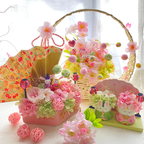 本物の桜 プリザーブドフラワー菱形ポットひな祭り飾りアレンジ さくら