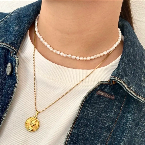 サージカルステンレス>淡水パールとコインのレイヤード風