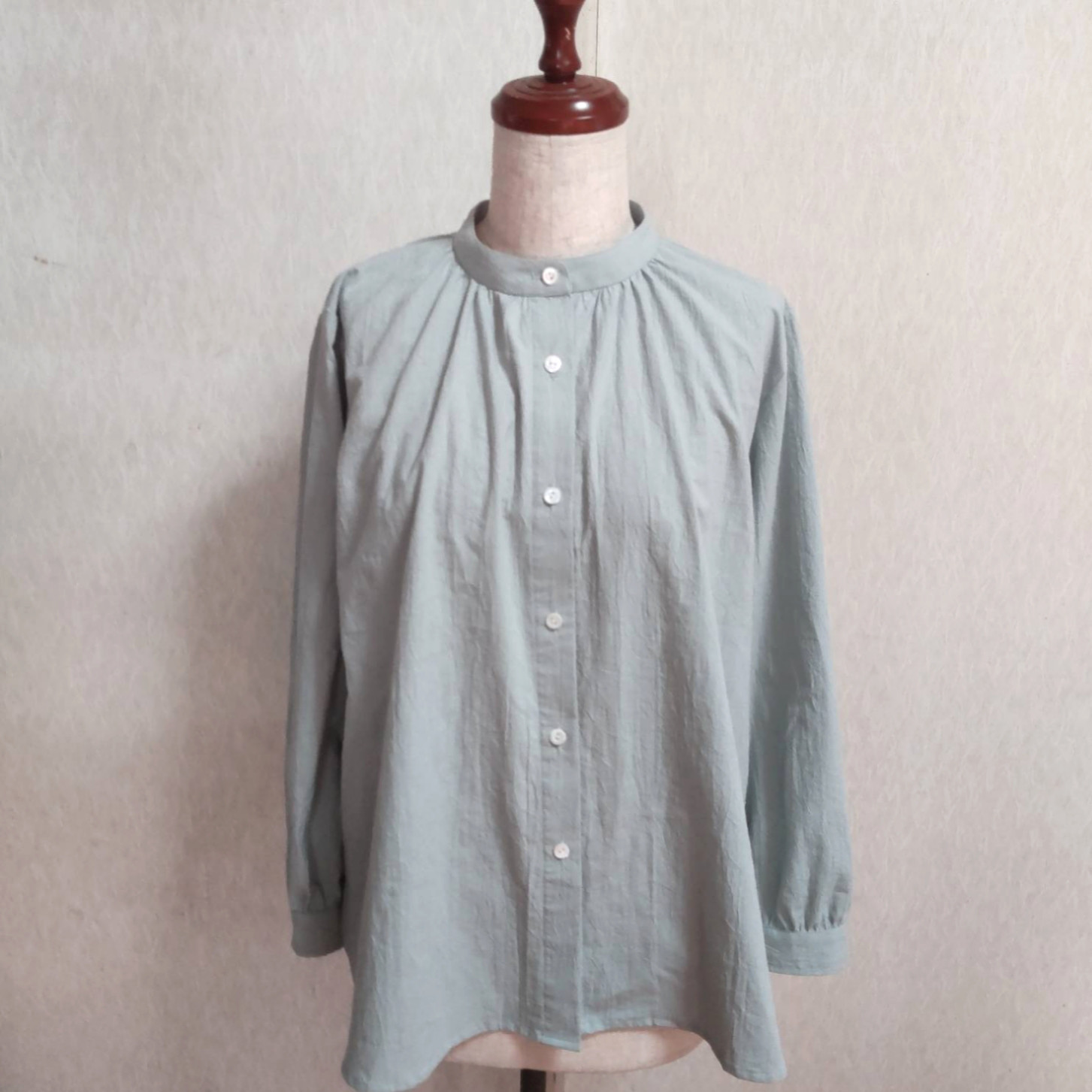コットンブラウス  スタンドカラーブラウス  バンドカラー　グリーン  緑 　Lサイズ　長袖