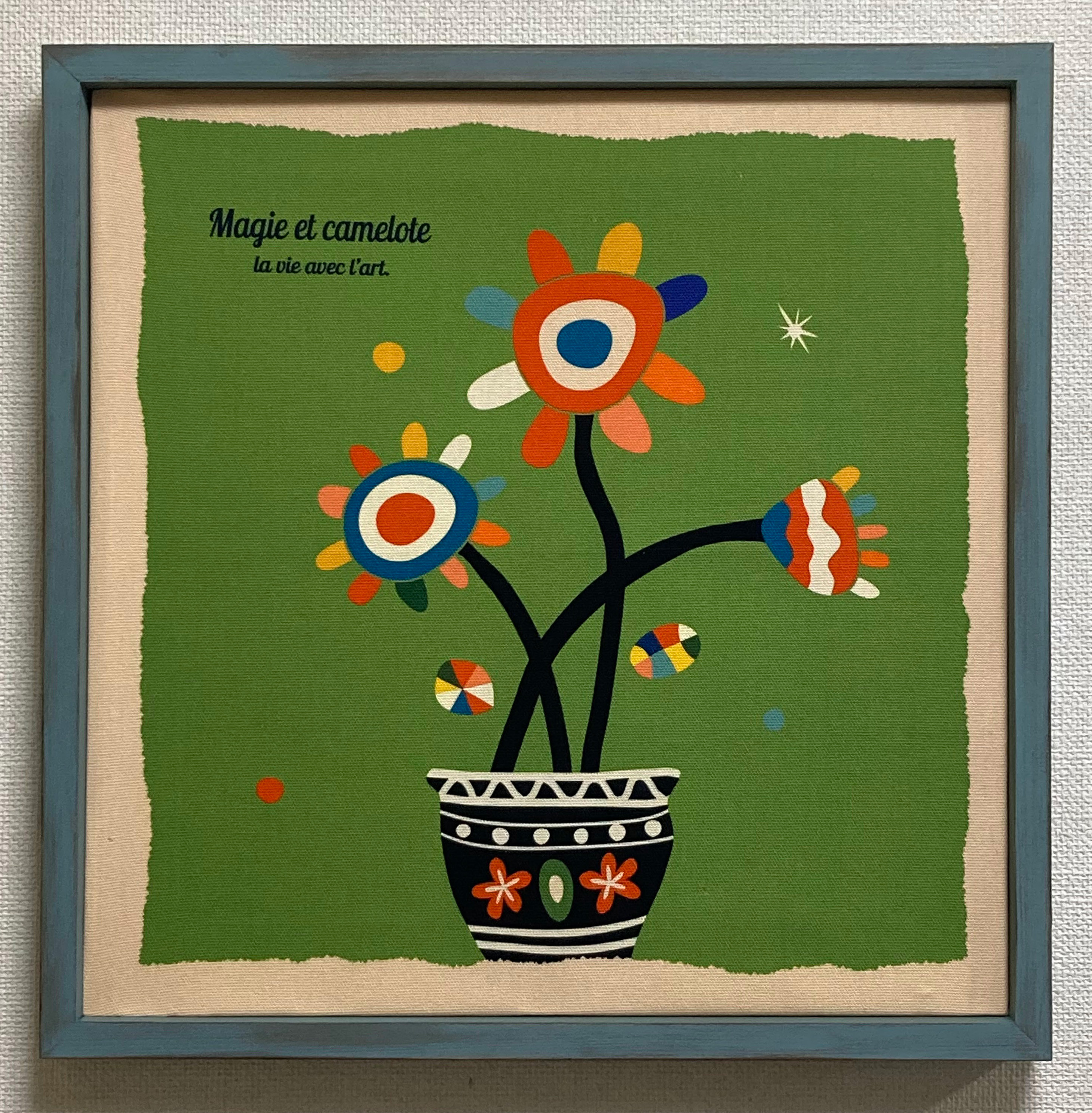 ファブリックパネル　レトロ・フラワー(GR) 40x40cm　ヴィンテージ加工ウッドフレーム付