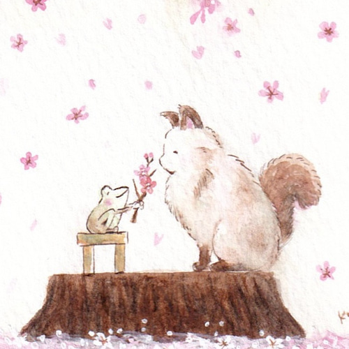 桜の下で【猫とカエル】 絵画 kuro 通販 17176193｜Creema(クリーマ