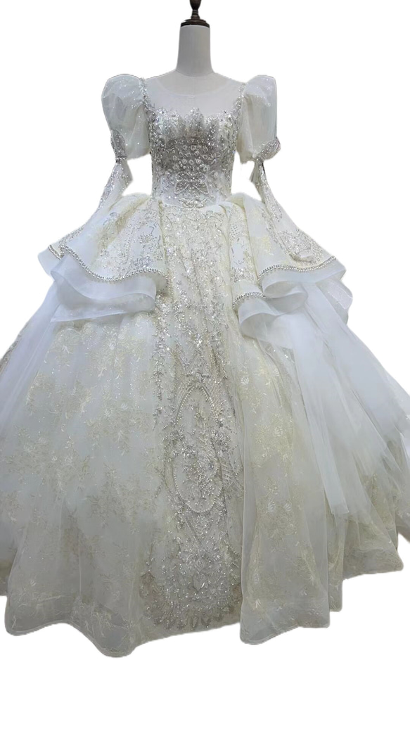 韓国風ビジューウエディングドレス　キラキラ　オフホワイト グリッターチュール 長袖　ロングトレーン　 1枚目の画像