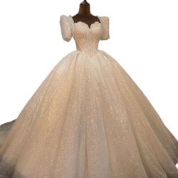 韓国風ビジューウエディングドレス　キラキラ　グリッターチュール　トレーン　オフホワイト 3枚目の画像