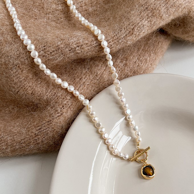 淡水パールのネックレス　虎目石　タイガーズアイ　淡水真珠　淡水パール　6月の誕生石 夏の誕生石2024