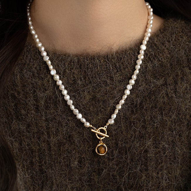 淡水パールのネックレス　虎目石　タイガーズアイ　淡水真珠　淡水パール　6月の誕生石 夏の誕生石2024