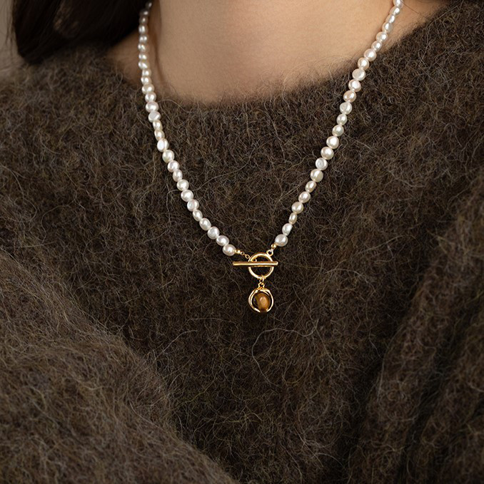 淡水パールのネックレス　虎目石　タイガーズアイ　淡水真珠　淡水パール　6月の誕生石 夏の誕生石2024