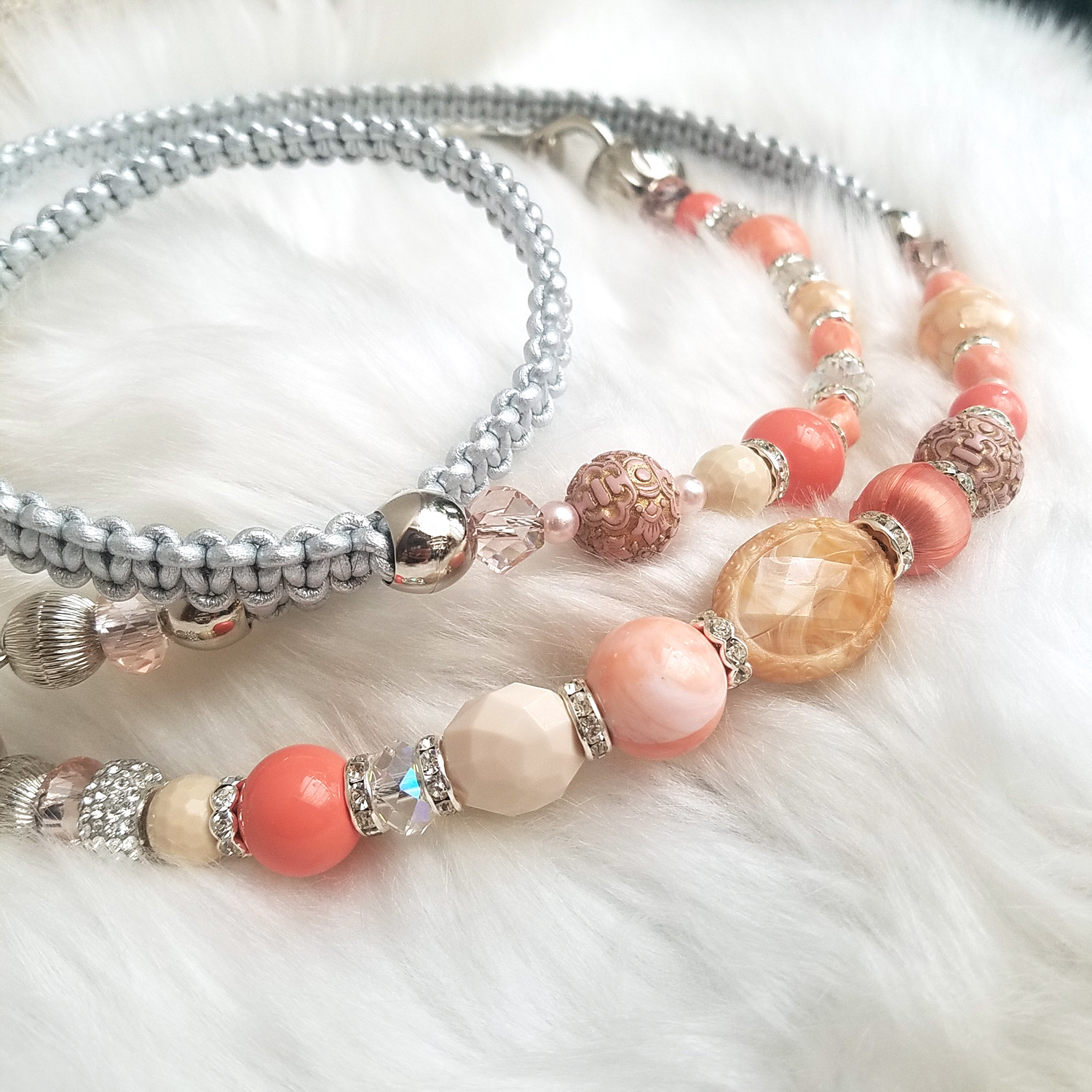 コーラルピンク色 leatherシルバー革編みリード　旅行や パーティ プレゼント に 30kgまで