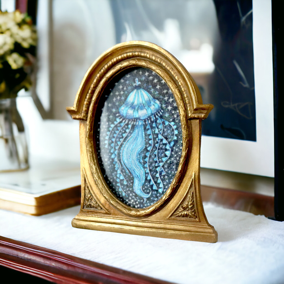原画【一点物】「夢クラゲ」アンティーク風なペン画のインテリアアート　海の絵画　ガラスペン　ブルー 4枚目の画像