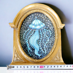 原画【一点物】「夢クラゲ」アンティーク風なペン画のインテリアアート　海の絵画　ガラスペン　ブルー 6枚目の画像