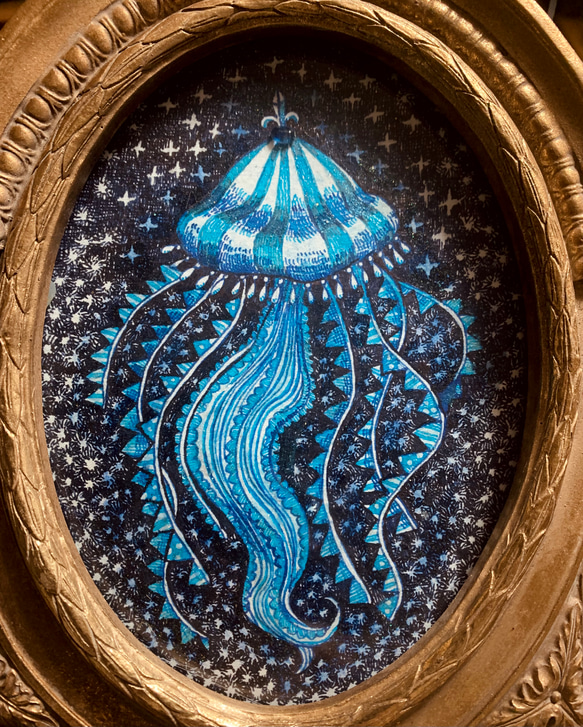 原画【一点物】「夢クラゲ」アンティーク風なペン画のインテリアアート　海の絵画　ガラスペン　ブルー 2枚目の画像