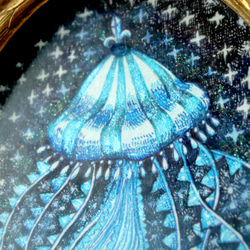 原画【一点物】「夢クラゲ」アンティーク風なペン画のインテリアアート　海の絵画　ガラスペン　ブルー 3枚目の画像