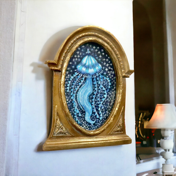 原画【一点物】「夢クラゲ」アンティーク風なペン画のインテリアアート　海の絵画　ガラスペン　ブルー 5枚目の画像