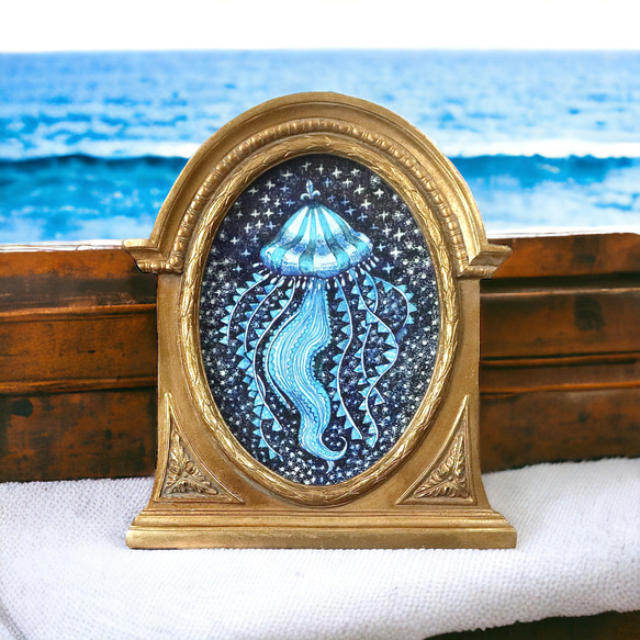 原画【一点物】「夢クラゲ」アンティーク風なペン画のインテリアアート　海の絵画　ガラスペン　ブルー 1枚目の画像