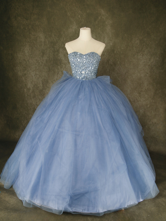 ビーズスパンコールキラキラ水色ワンピース結婚式