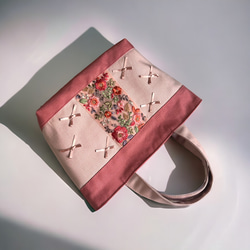 ミニリボン 桜カラー インド刺繍×帆布☆トートバッグ 5枚目の画像