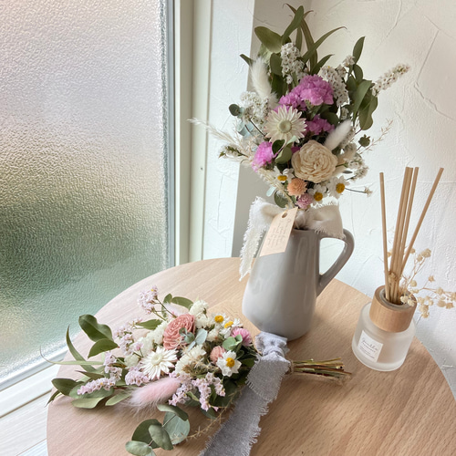 ホワイトソーラーフラワー×ピンクスターチス ドライフラワースワッグ