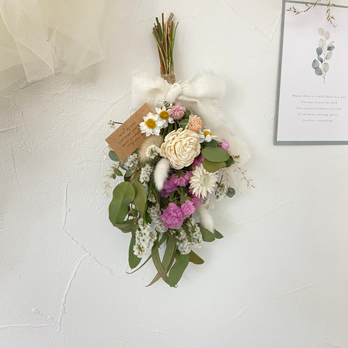 ホワイトソーラーフラワー×ピンクスターチス ドライフラワースワッグ