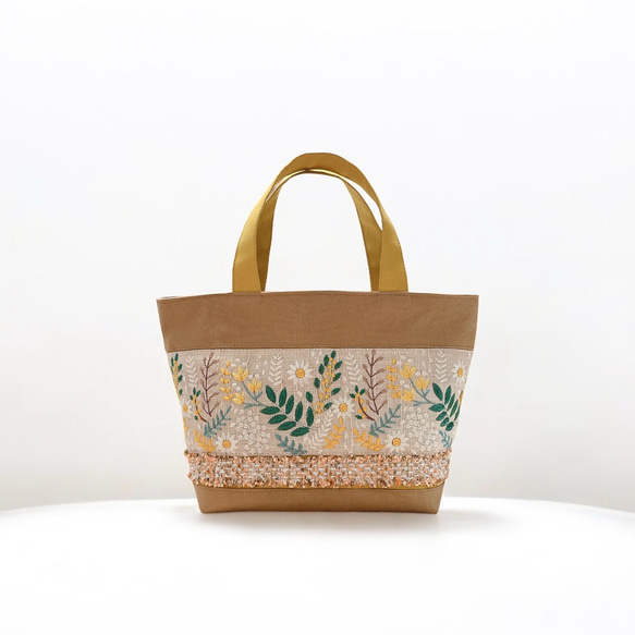 ミモザ インド刺繍×キラキラツイード 帆布/トートバッグ トート