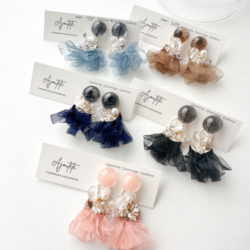 レジン×リボン 2wayピアス/2wayイヤリング ブラック 黒 ピアス