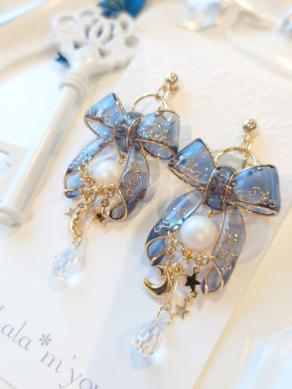 826 再販 シルバー ネイビー チェーン ピアス イヤリング ハンドメイド