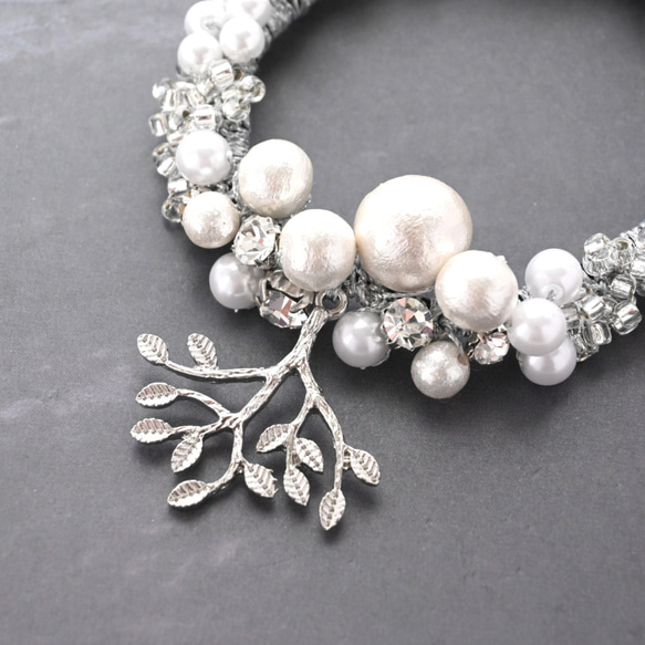 《卒業式＊入学式》Silver leaf×pearl …ビジュー シュシュ＊ブレスレット 7枚目の画像