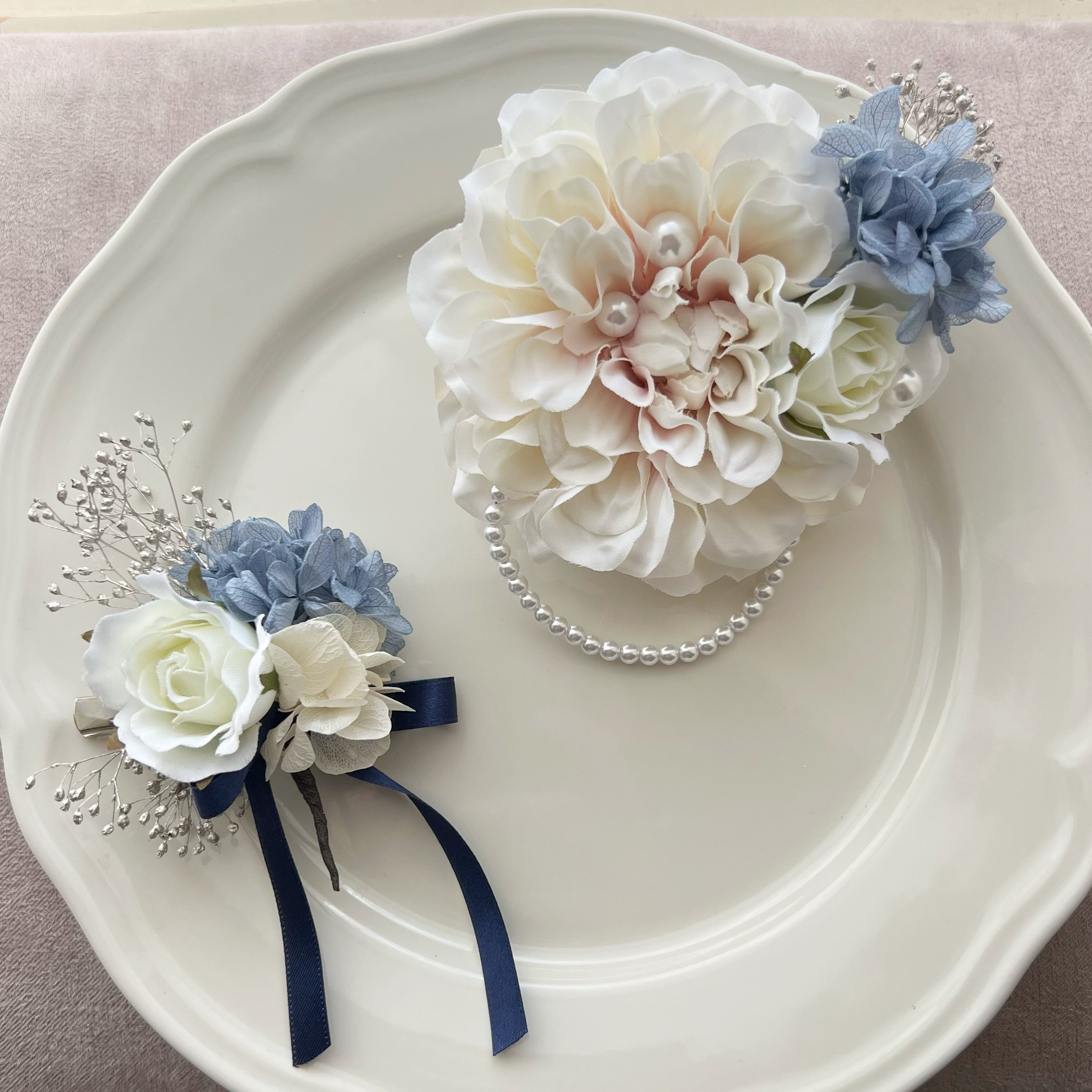 親子コサージュ　フォーマル  男の子ブートニア　& ママ　 ブルー