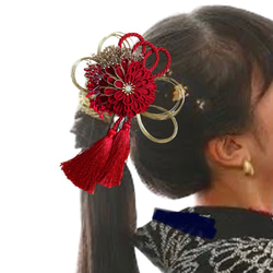 つまみ細工髪飾り【舞】深紅×ゴールド　卒業式　成人式　ポニーテール　 6枚目の画像