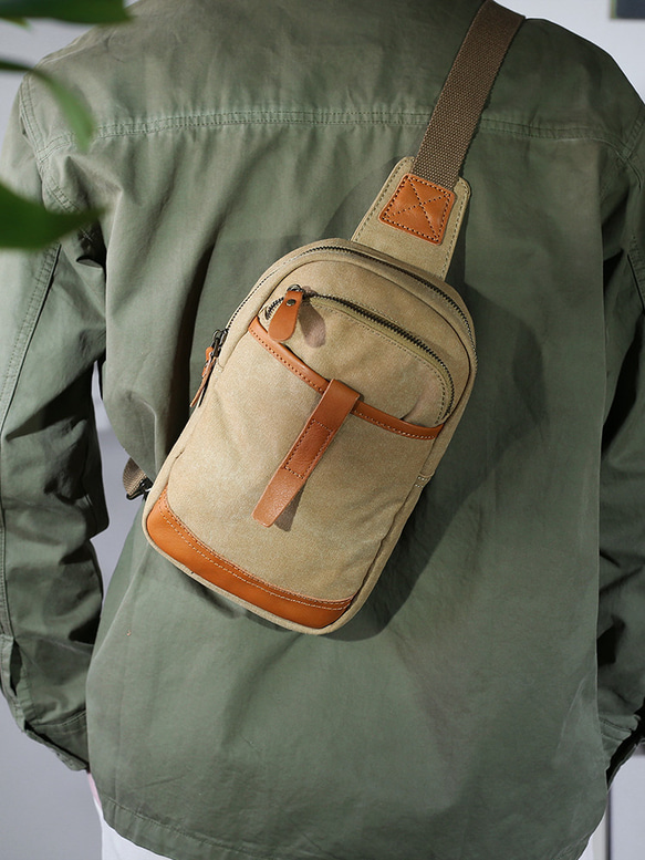 帆布 x 真皮身體包帶後袋緊湊型微防水大容量單肩包可容納 iPad 第2張的照片