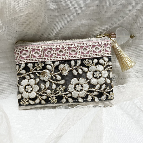 リップポーチ ポーチ ミニポーチ インド刺繍 リボン ブラック 927-9