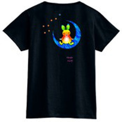 青い三日月と虹色ウサギ：プリントスターTシャツ（レディース：黒） 5枚目の画像