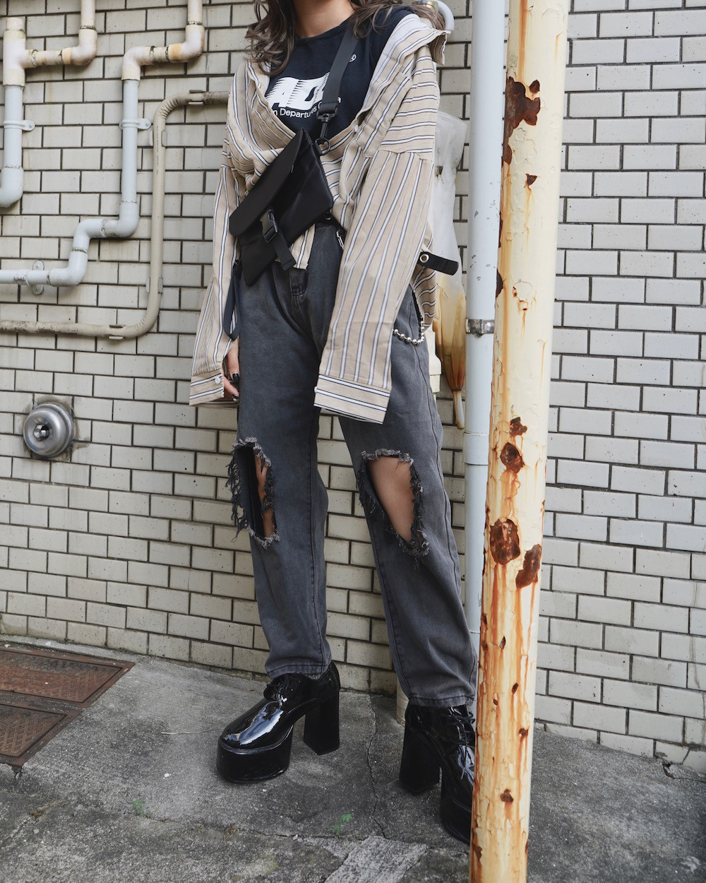 Beige Color Stripes Shirts 長袖シャツ ベージュ 薄茶 カジュアル