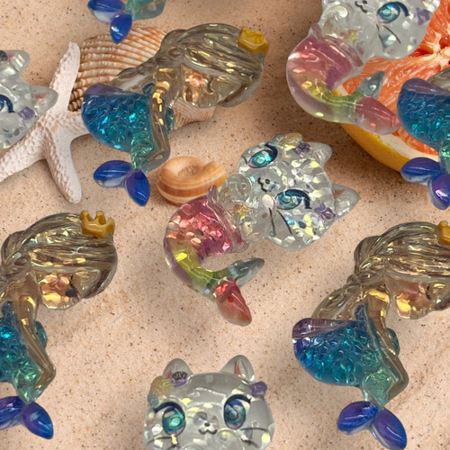 アクリルパーツ デコ 人魚 ネコ マーメイド 5個 夏 海 ハンドメイド 
