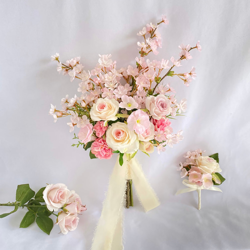 オーダーメイド】桜 とローズのナチュラル クラッチ ブーケ ( 造花