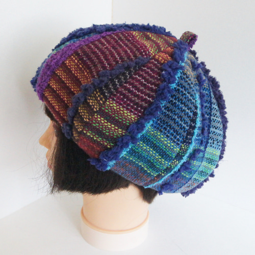 ☆さをり織り☆ ベレー帽 さおり織り どんぐり帽 ブルー パープル