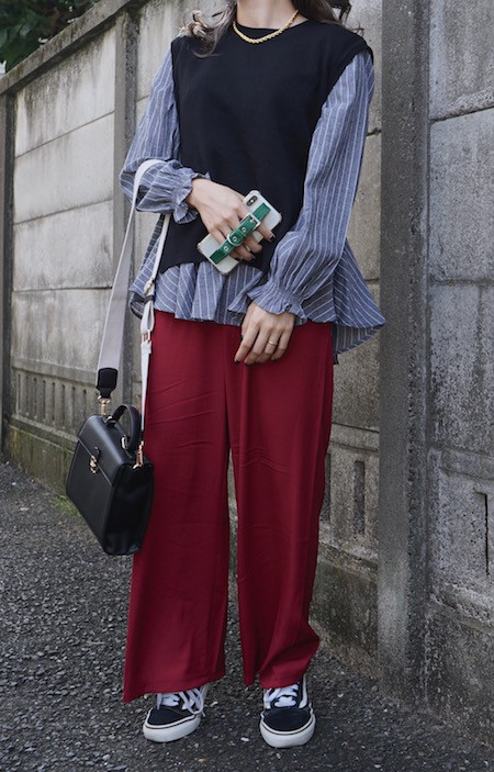 Stripe Blouse&Knit Vest 2P SET ニットベスト ブラック 黒 カジュアル