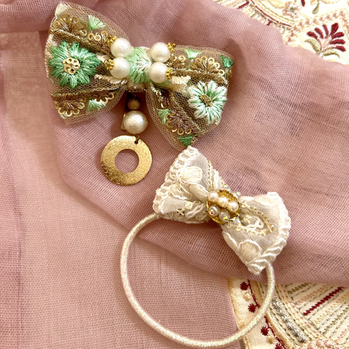 438» ◤お値下げ中◢インド刺繍リボン髪飾りセット ポニーフック