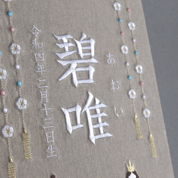 【2024新作】刺繍命名パネル《ひな祭り/ベージュグレー》A4 名前旗 出産祝い リネン 桃の節句 ひな人形 10枚目の画像