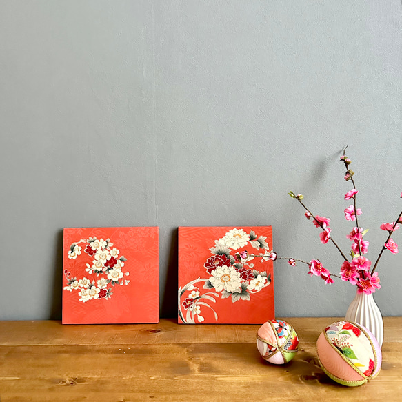 着物のファブリックパネル　アンティークピンク　桜と牡丹（2枚セット）着物リメイク　インテリア　古民家　ひなまつり　壁飾り 11枚目の画像
