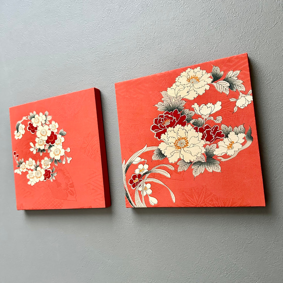 着物のファブリックパネル　アンティークピンク　桜と牡丹（2枚セット）着物リメイク　インテリア　古民家　ひなまつり　壁飾り 2枚目の画像