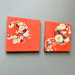 着物のファブリックパネル　アンティークピンク　桜と牡丹（2枚セット）着物リメイク　インテリア　古民家　ひなまつり　壁飾り 4枚目の画像